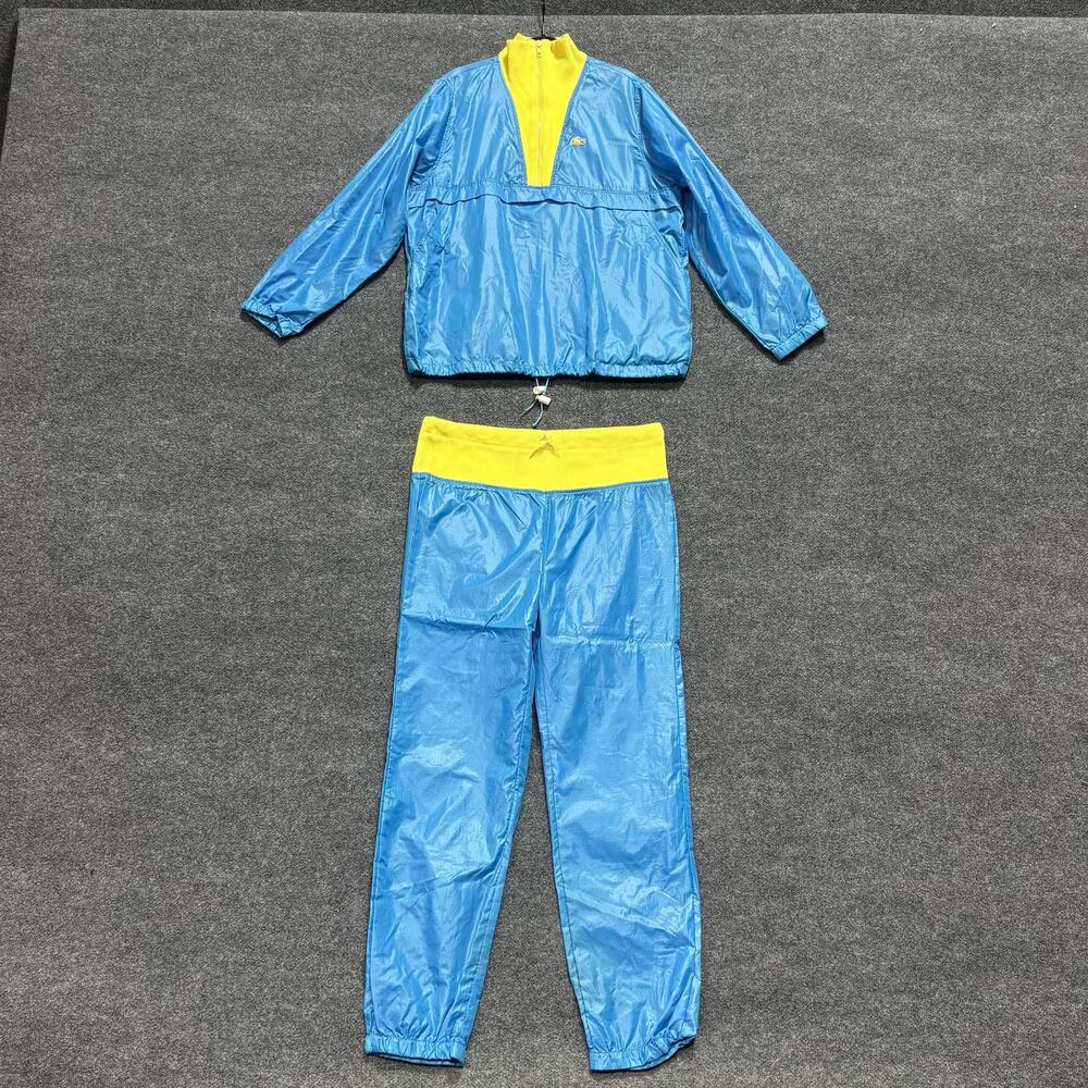 Vintage Izod Lacoste Tracksuit Womens L Blue Yellow Nylon Warmup 80s Set